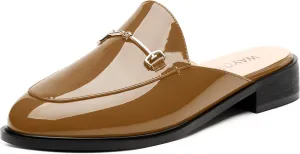 WAYDERNS Mules for Women Slides Loafer Shoes with Low Block Heel Round Closed Toe Comfortable Casual Patent Slip on Backless Loafers Work Business Office Shopping Buckle Mules