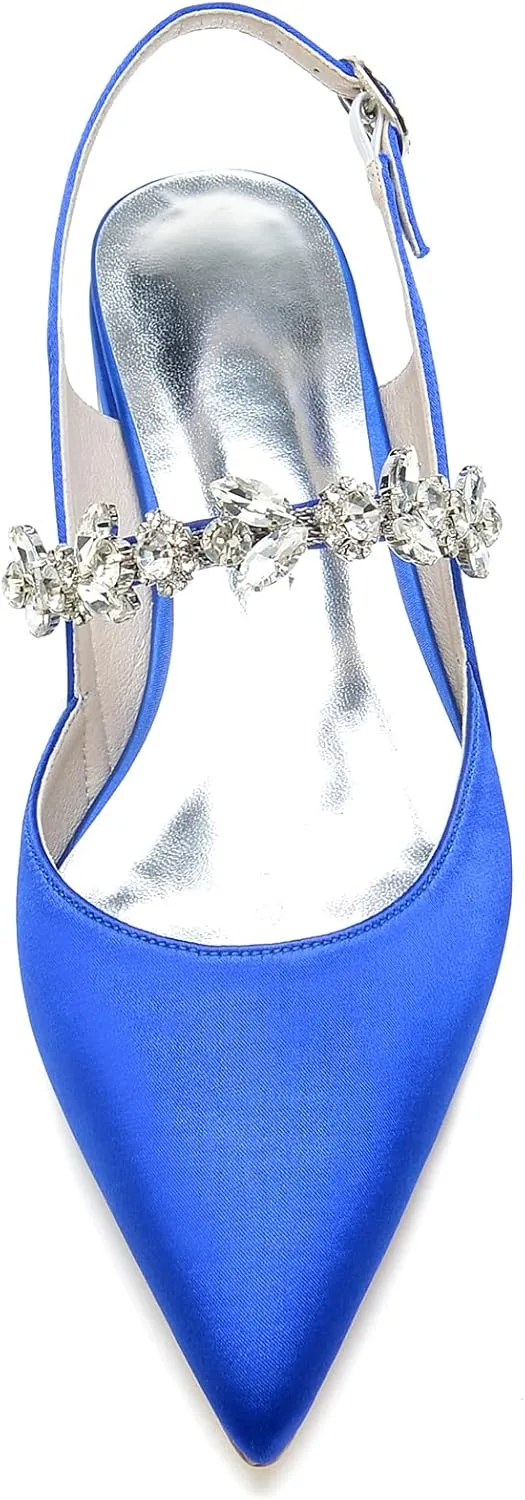 Wedding Flats Shoes for Bride Pointed Toe Satin Crystals Wedding Shoes Dress Flats Slingback for Women