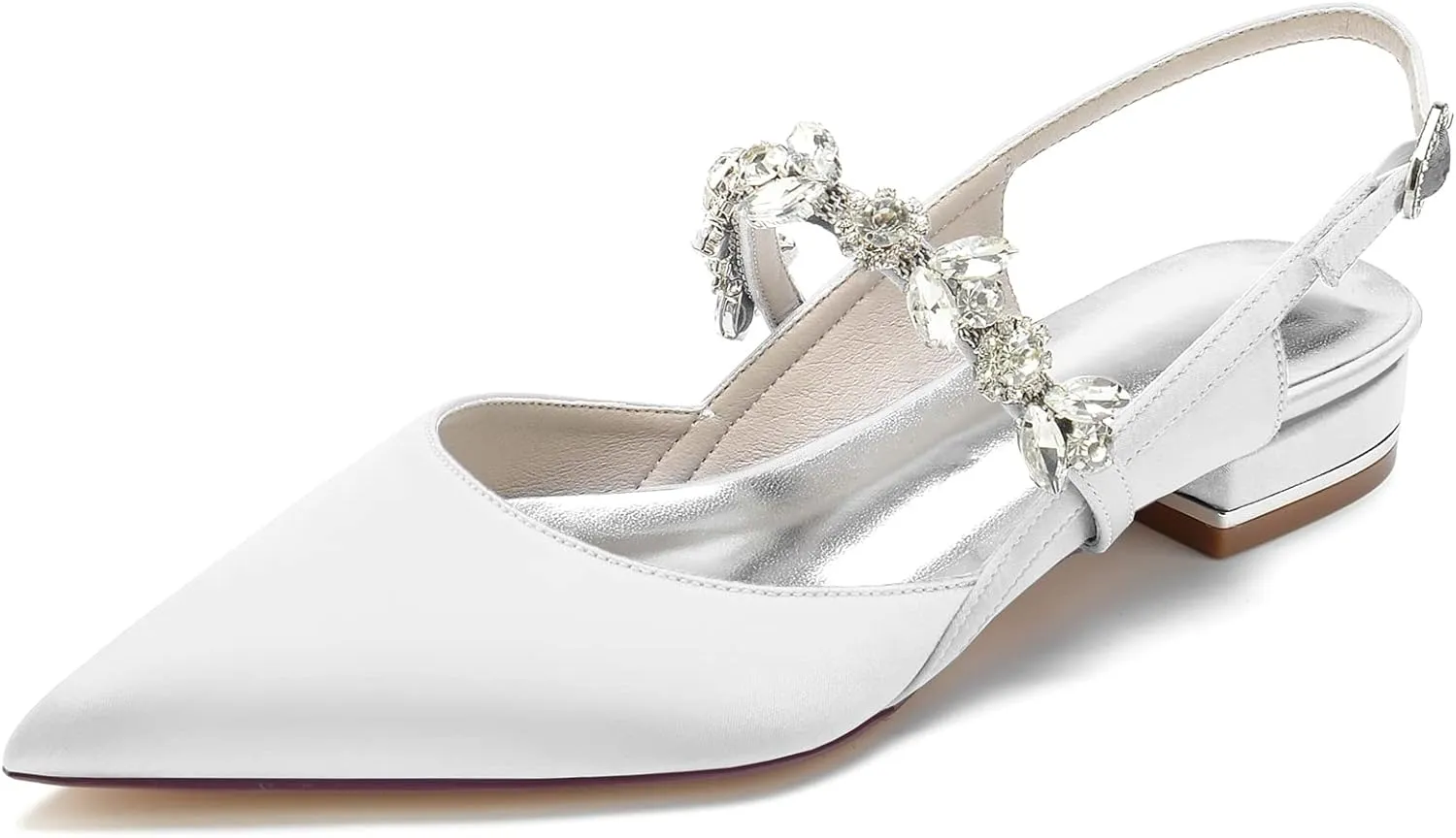 Wedding Flats Shoes for Bride Pointed Toe Satin Crystals Wedding Shoes Dress Flats Slingback for Women