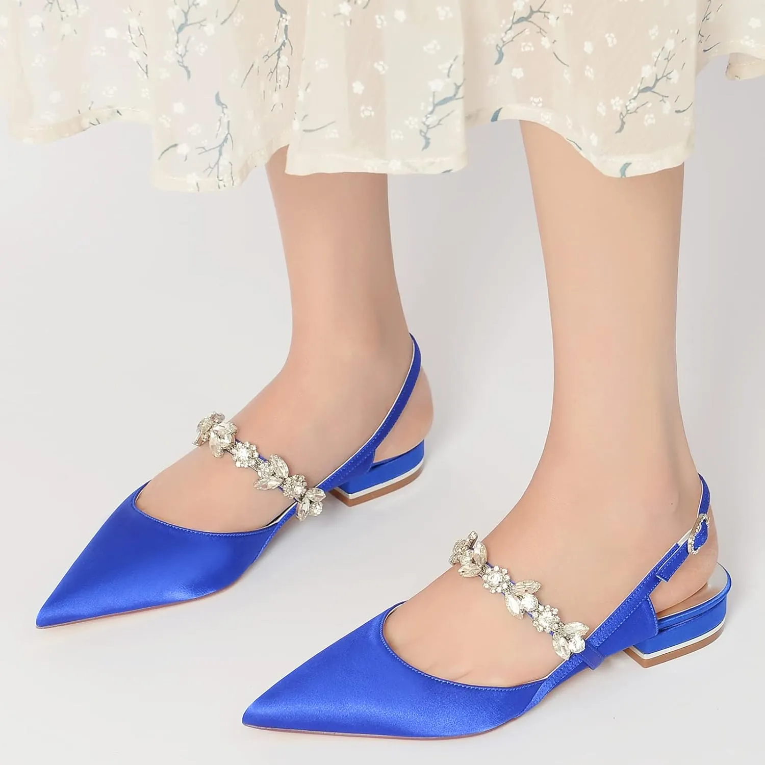 Wedding Flats Shoes for Bride Pointed Toe Satin Crystals Wedding Shoes Dress Flats Slingback for Women