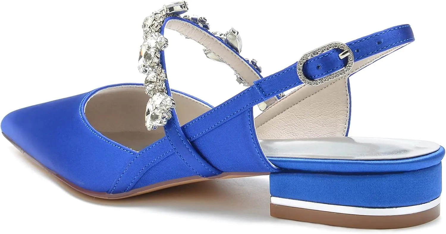 Wedding Flats Shoes for Bride Pointed Toe Satin Crystals Wedding Shoes Dress Flats Slingback for Women