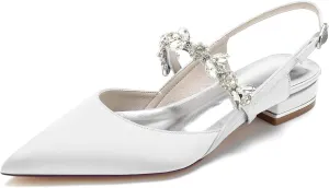 Wedding Flats Shoes for Bride Pointed Toe Satin Crystals Wedding Shoes Dress Flats Slingback for Women
