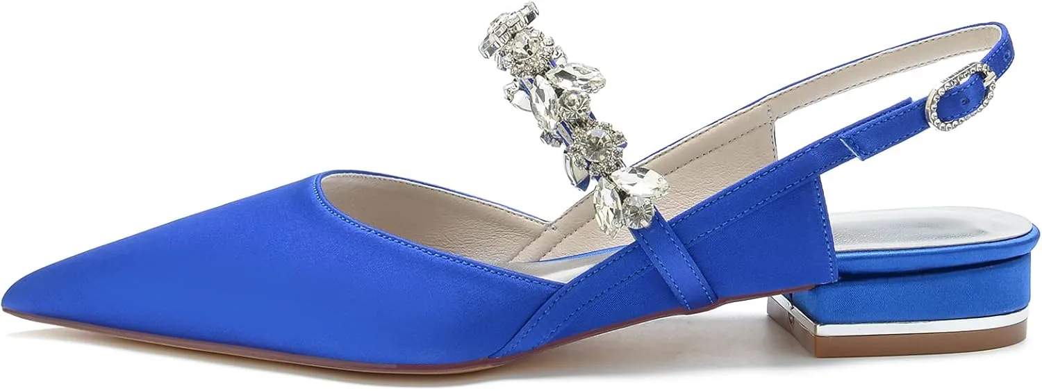 Wedding Flats Shoes for Bride Pointed Toe Satin Crystals Wedding Shoes Dress Flats Slingback for Women