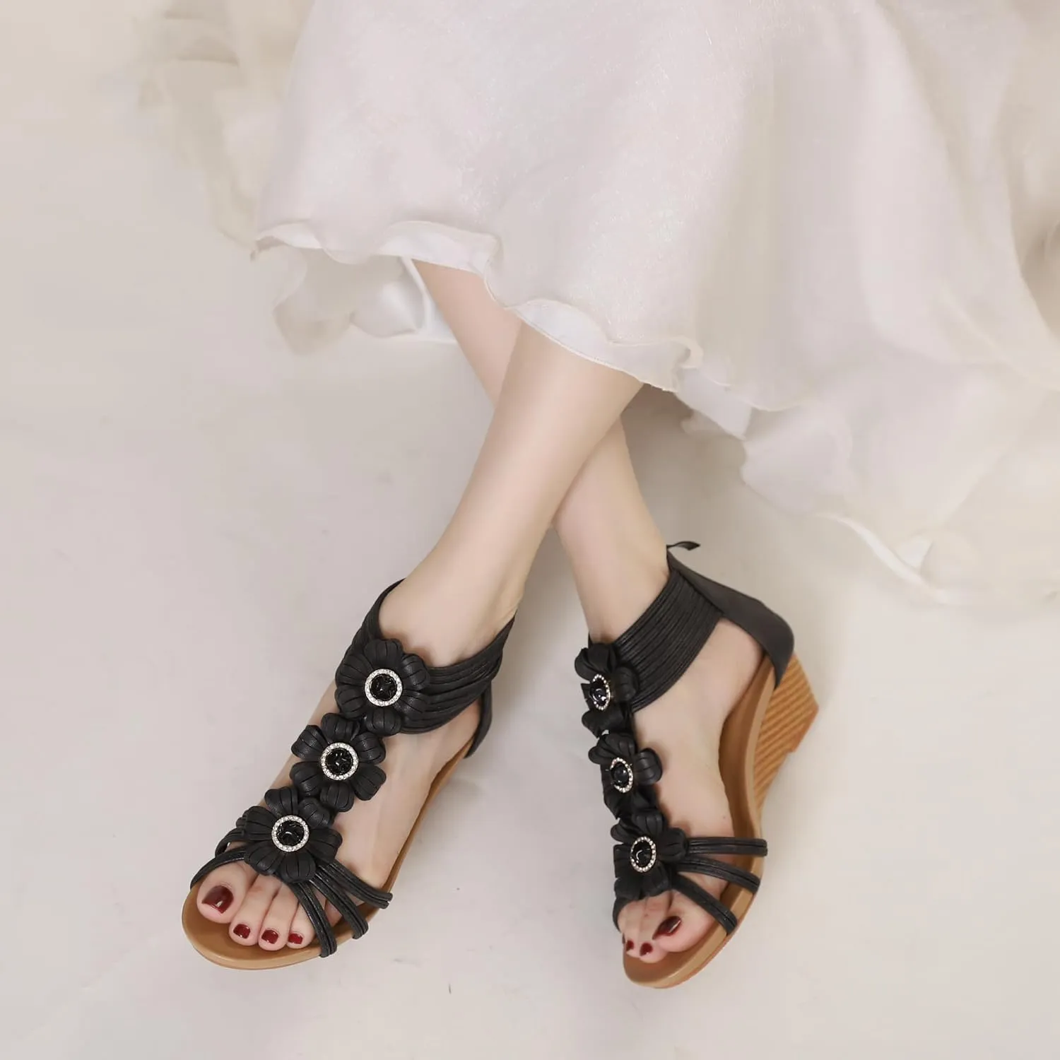 WOJWSKI Wedge Sandals for Women Bohemia Flower Open Toe Gladiator Platform Roman High Heel Casual Summer Dressy Beach Womens Sandals