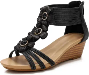 WOJWSKI Wedge Sandals for Women Bohemia Flower Open Toe Gladiator Platform Roman High Heel Casual Summer Dressy Beach Womens Sandals
