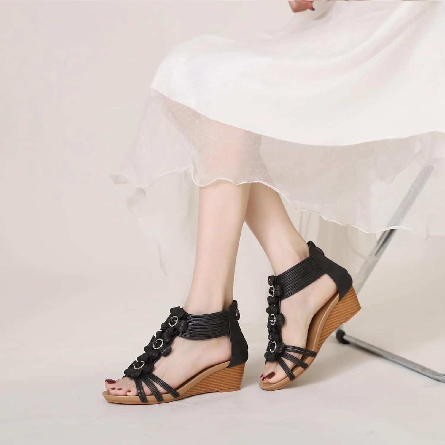 WOJWSKI Wedge Sandals for Women Bohemia Flower Open Toe Gladiator Platform Roman High Heel Casual Summer Dressy Beach Womens Sandals