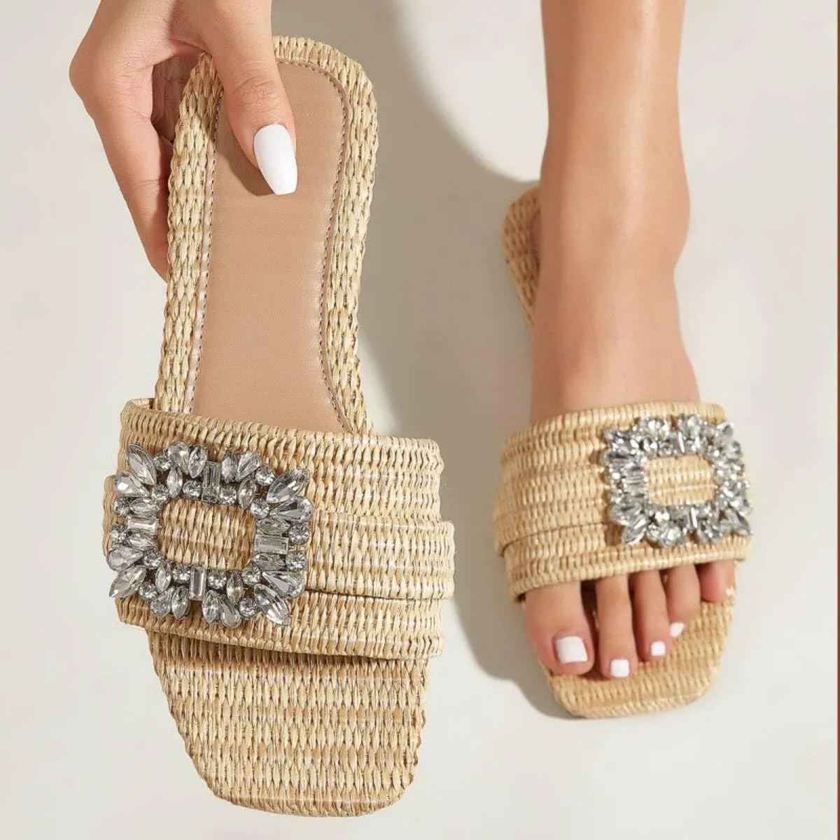 Women Flat Slides Sandals Sparkly Rhinestone Slip On Flat Wide Width Walking Slippers Square Open Toe Comfortable Summer Beach Vacation Shoes