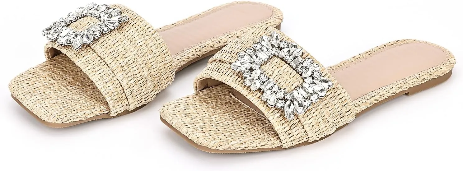 Women Flat Slides Sandals Sparkly Rhinestone Slip On Flat Wide Width Walking Slippers Square Open Toe Comfortable Summer Beach Vacation Shoes