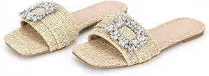 Women Flat Slides Sandals Sparkly Rhinestone Slip On Flat Wide Width Walking Slippers Square Open Toe Comfortable Summer Beach Vacation Shoes
