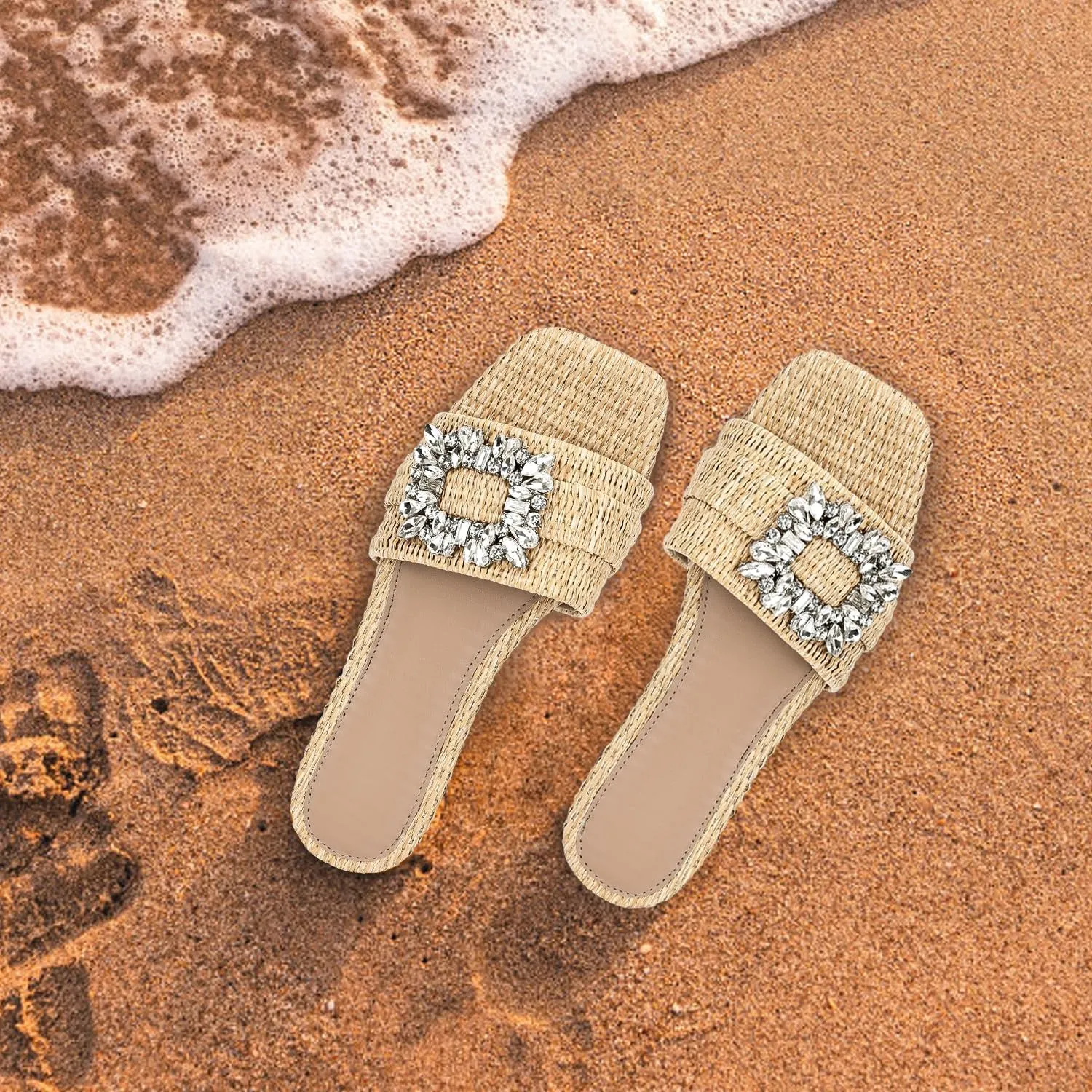 Women Flat Slides Sandals Sparkly Rhinestone Slip On Flat Wide Width Walking Slippers Square Open Toe Comfortable Summer Beach Vacation Shoes