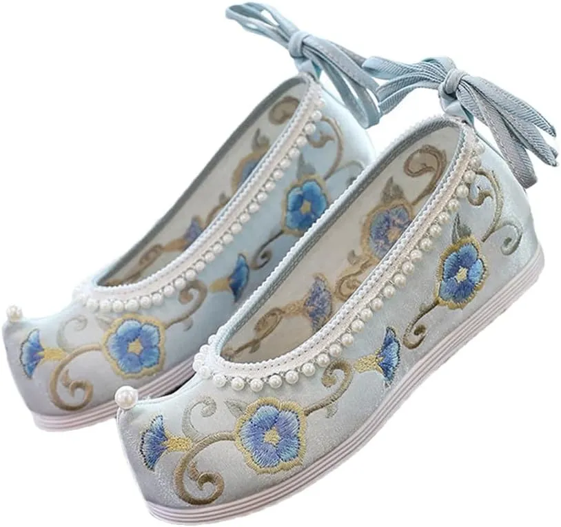 Women Inner Platforms Cotton Fabric Pearls Embroidered Hanfu Costume Shoes Vintage Casual Ankle Strap Sneakers