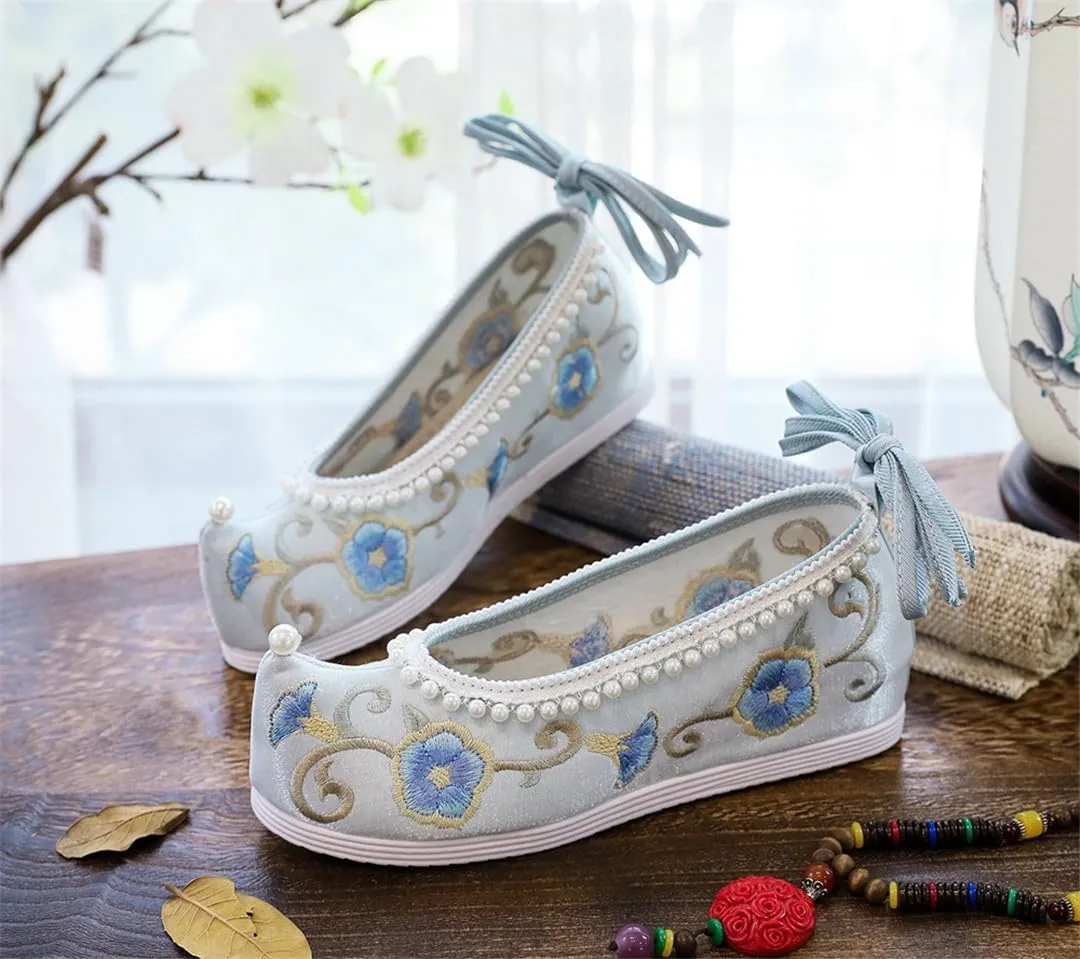Women Inner Platforms Cotton Fabric Pearls Embroidered Hanfu Costume Shoes Vintage Casual Ankle Strap Sneakers