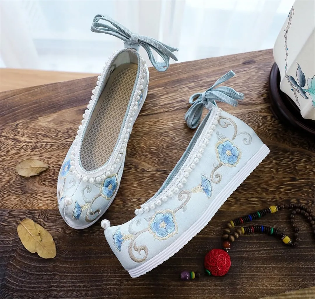 Women Inner Platforms Cotton Fabric Pearls Embroidered Hanfu Costume Shoes Vintage Casual Ankle Strap Sneakers