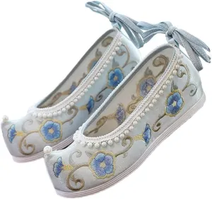 Women Inner Platforms Cotton Fabric Pearls Embroidered Hanfu Costume Shoes Vintage Casual Ankle Strap Sneakers