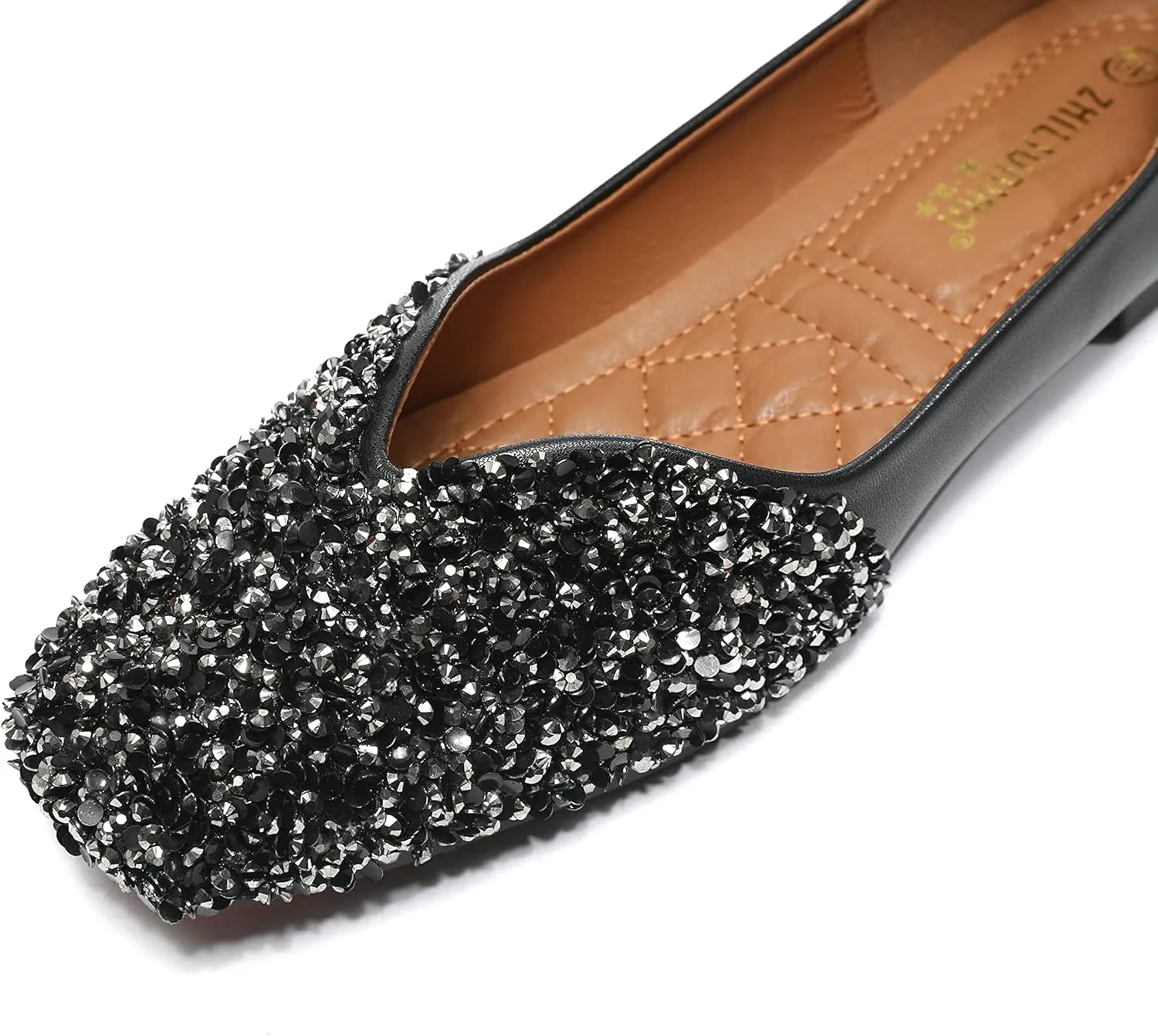Women Rhinestone Flats Silver,Square Toe Bling Glitter Dressy Casual Bridal Wedding Sparkly Comfortable Shoe