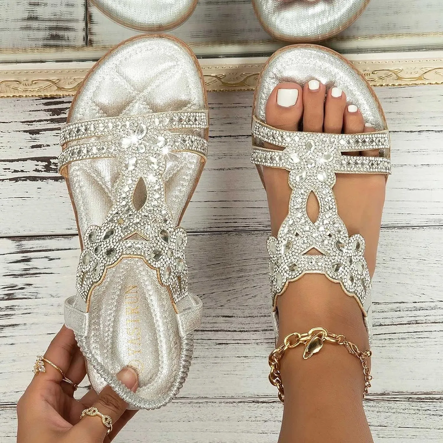 Women Rhinestone Sandals T-Strap Buckle Bohemian Pearl Crystal Flat Trending Sandals for Women 2025