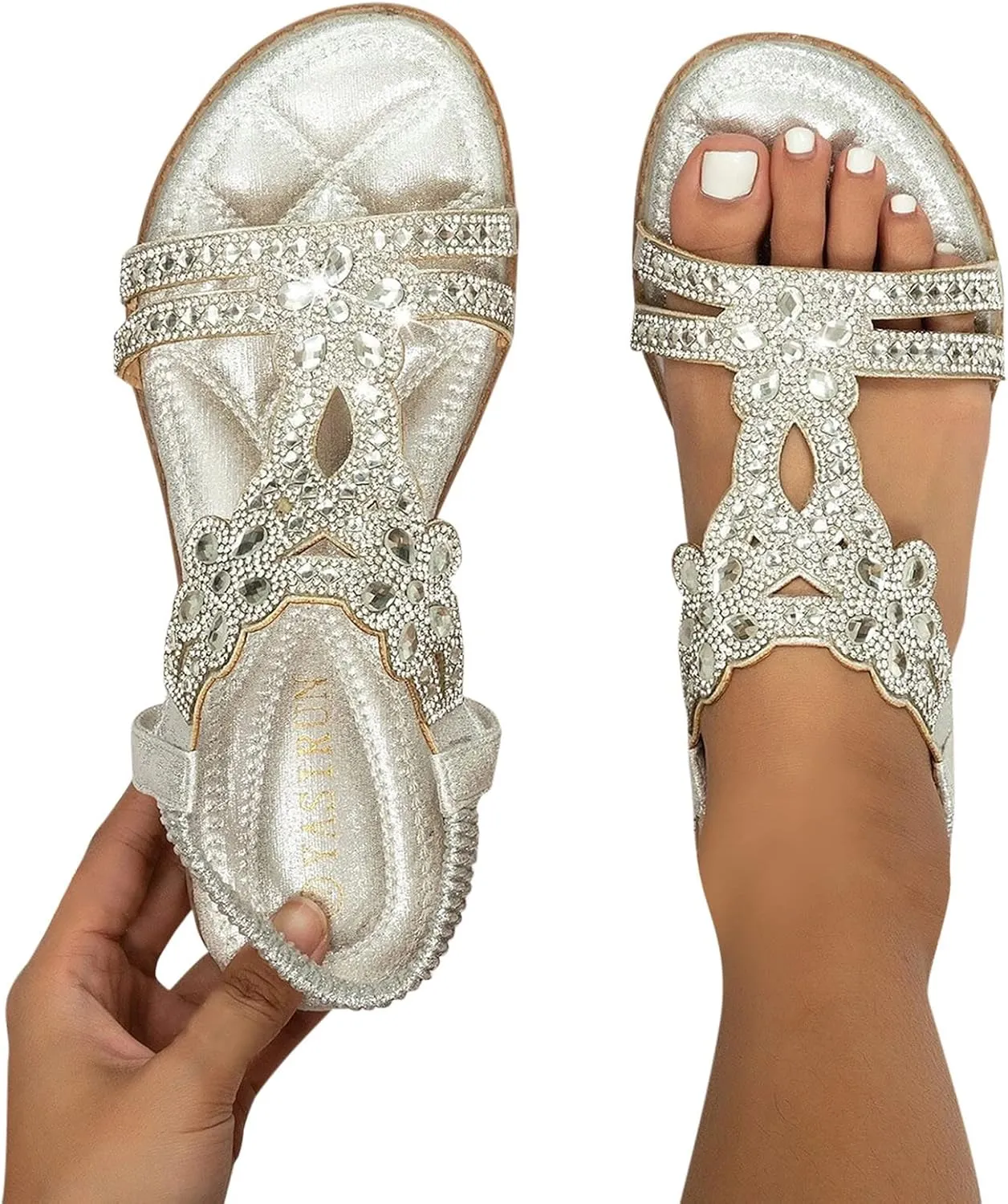 Women Rhinestone Sandals T-Strap Buckle Bohemian Pearl Crystal Flat Trending Sandals for Women 2025