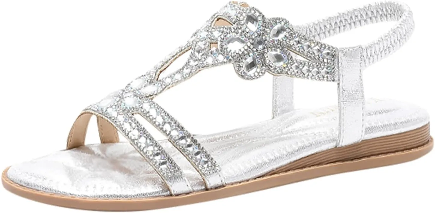 Women Rhinestone Sandals T-Strap Buckle Bohemian Pearl Crystal Flat Trending Sandals for Women 2025