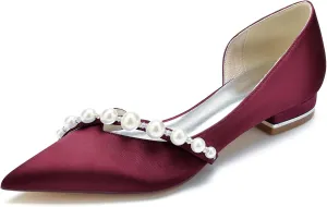 Women Slip on Satin Flat Wedding Shoes Pointed Toe Pearl Prom Evening Bridal Party Dress Flats