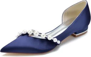 Women Slip on Satin Flat Wedding Shoes Pointed Toe Pearl Prom Evening Bridal Party Dress Flats
