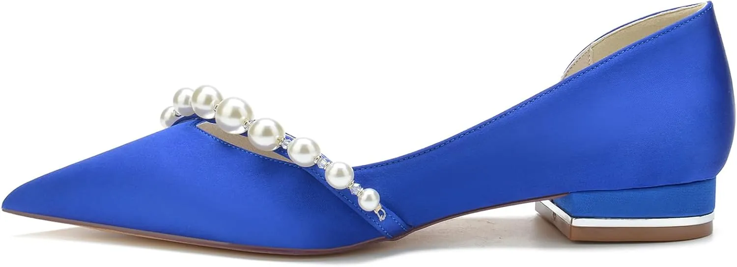 Women Slip on Satin Flat Wedding Shoes Pointed Toe Pearl Prom Evening Bridal Party Dress Flats