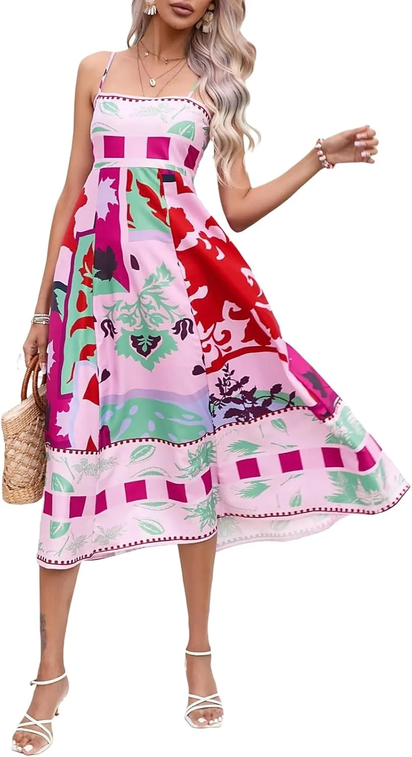 Women Summer Casual A-line Dress Print Spaghetti Strap Backless Midi Dress Fashion Sleeveless Cami Dress