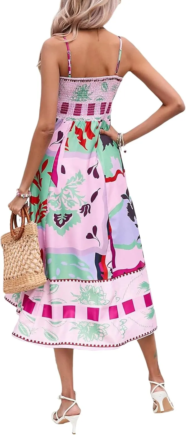 Women Summer Casual A-line Dress Print Spaghetti Strap Backless Midi Dress Fashion Sleeveless Cami Dress