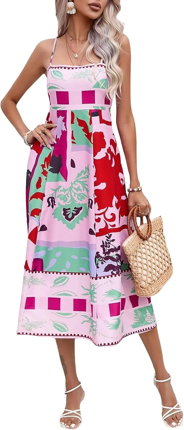 Women Summer Casual A-line Dress Print Spaghetti Strap Backless Midi Dress Fashion Sleeveless Cami Dress