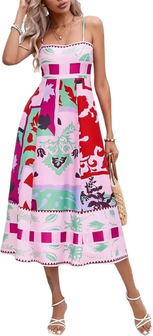Women Summer Casual A-line Dress Print Spaghetti Strap Backless Midi Dress Fashion Sleeveless Cami Dress