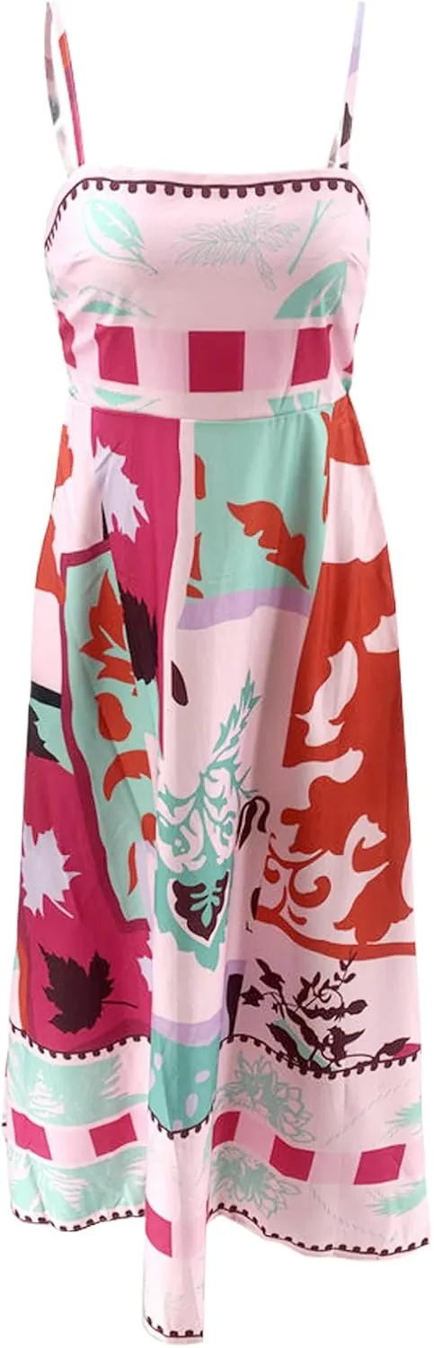 Women Summer Casual A-line Dress Print Spaghetti Strap Backless Midi Dress Fashion Sleeveless Cami Dress