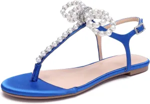 Women T-Strap Thong Sandals with Pearl Roman Style Flats with Bow,Bohemian Casual Beach Slingback Flat Sandals