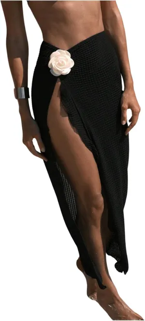 Women's Beach Cover Up Skirt 3D Flower Crochet Out High Split Swimsuit Bathing Suit Beach Skirt
