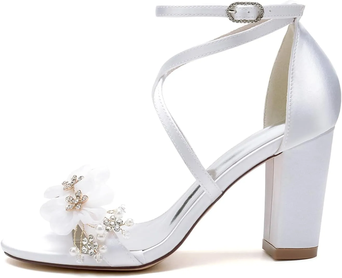 Womens Block Wedding Heels for Bride Open Toe Applique Pumps Ankle Strap Satin Chunky Heeled Wedding Shoes Sandals