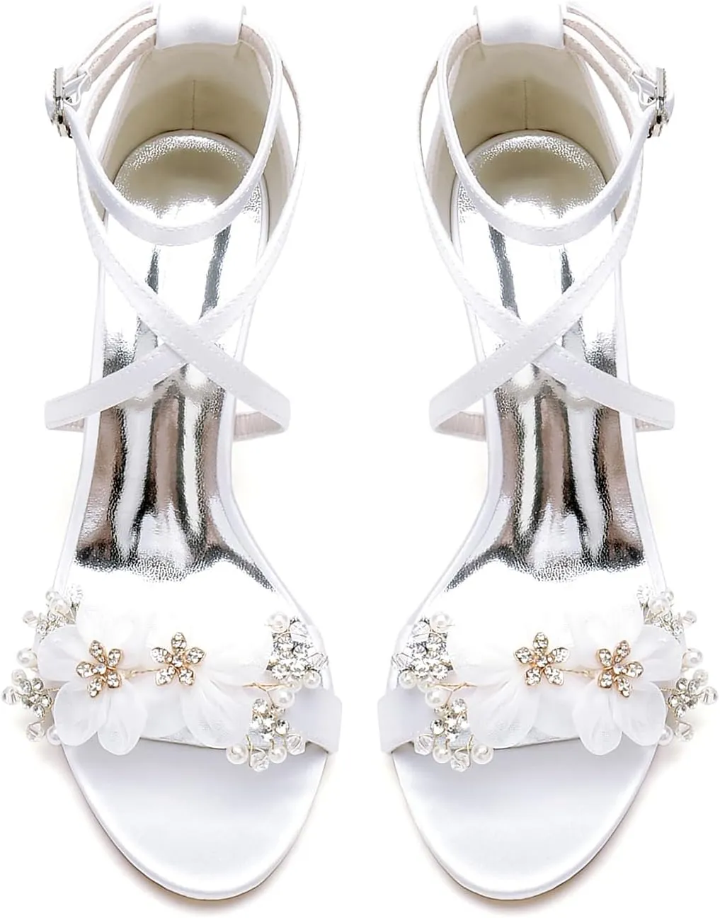 Womens Block Wedding Heels for Bride Open Toe Applique Pumps Ankle Strap Satin Chunky Heeled Wedding Shoes Sandals