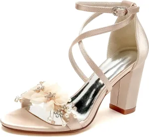 Womens Block Wedding Heels for Bride Open Toe Applique Pumps Ankle Strap Satin Chunky Heeled Wedding Shoes Sandals