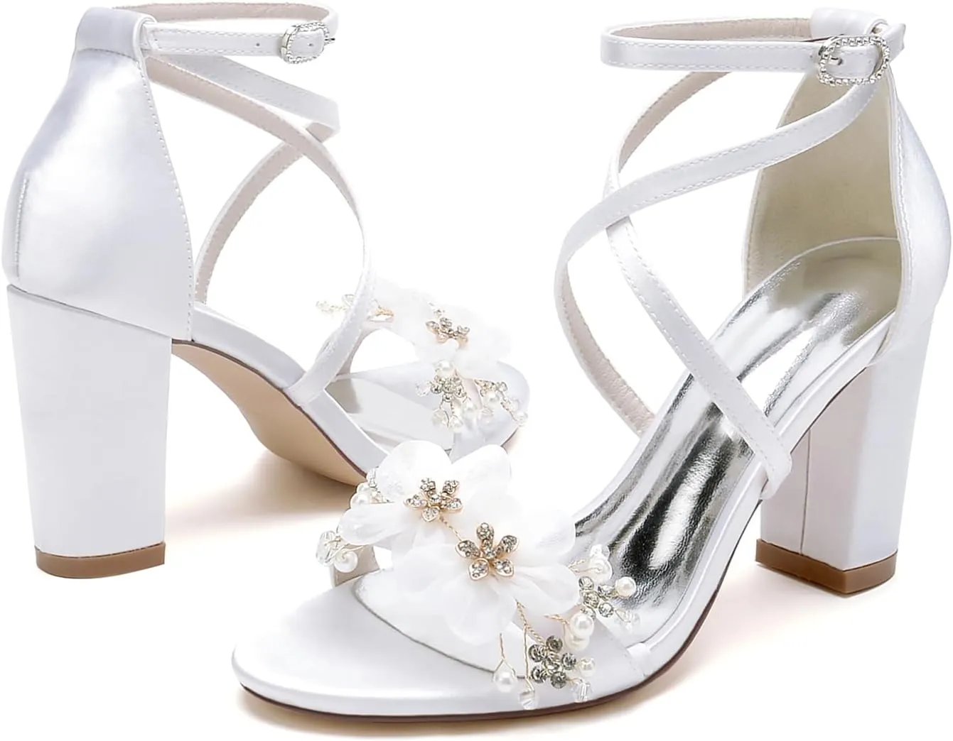 Womens Block Wedding Heels for Bride Open Toe Applique Pumps Ankle Strap Satin Chunky Heeled Wedding Shoes Sandals