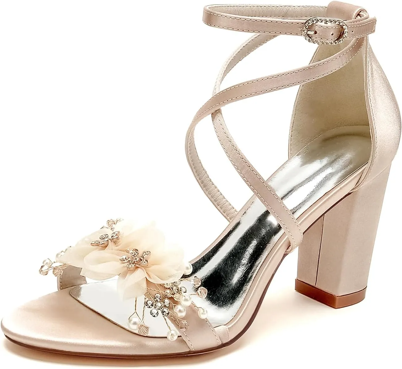 Womens Block Wedding Heels for Bride Open Toe Applique Pumps Ankle Strap Satin Chunky Heeled Wedding Shoes Sandals