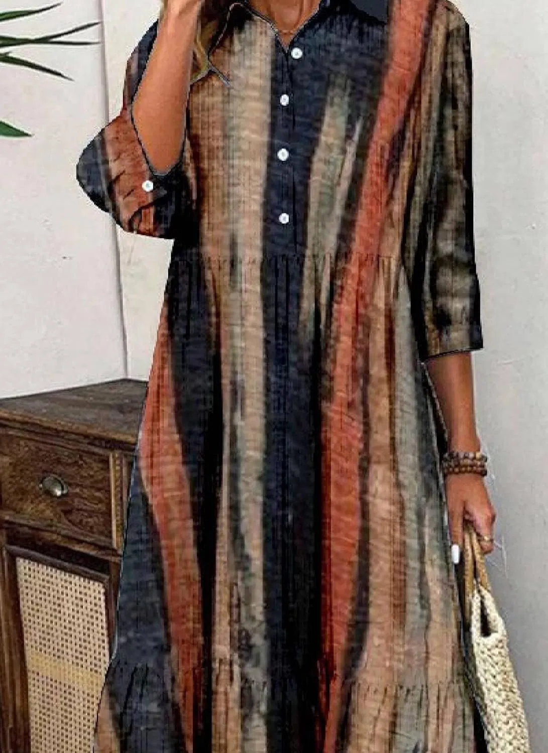 Women's Blue and White Striped Shirt Style Maxi Dress 2025 Summer Fashion Breezy Print 3/4 Sleeve Long Dress