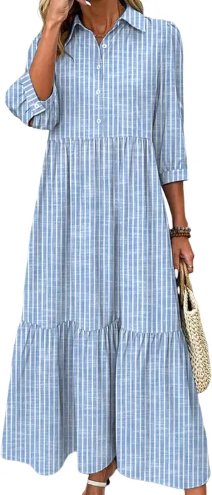 Women's Blue and White Striped Shirt Style Maxi Dress 2025 Summer Fashion Breezy Print 3/4 Sleeve Long Dress