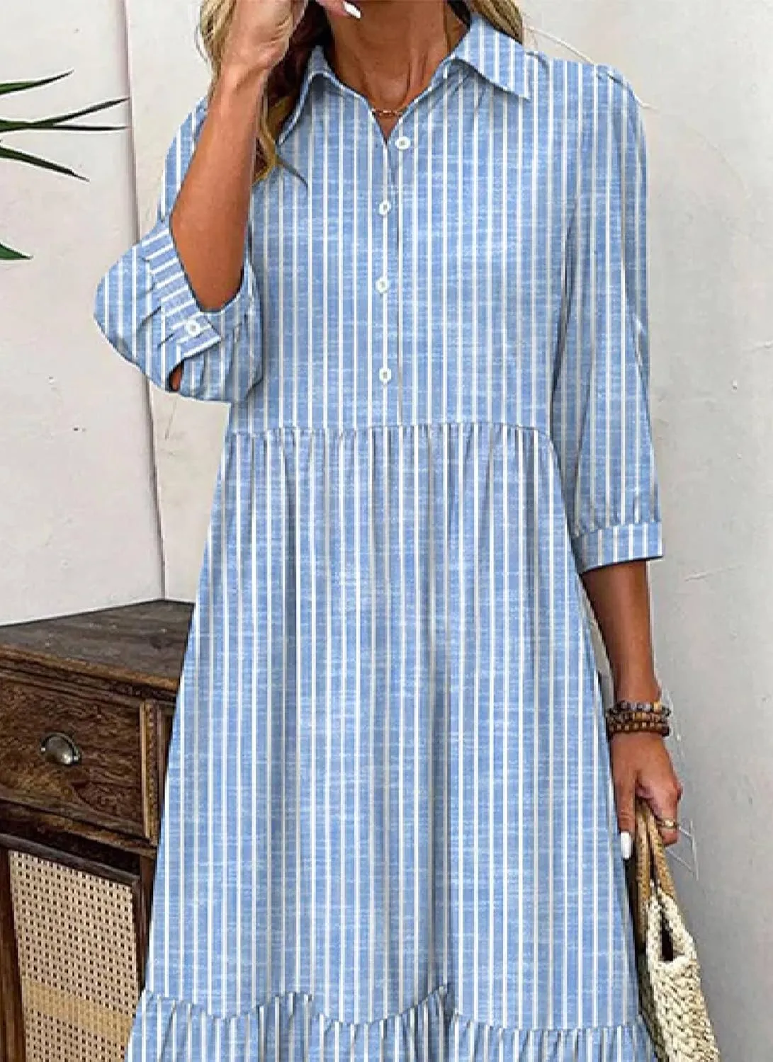 Women's Blue and White Striped Shirt Style Maxi Dress 2025 Summer Fashion Breezy Print 3/4 Sleeve Long Dress