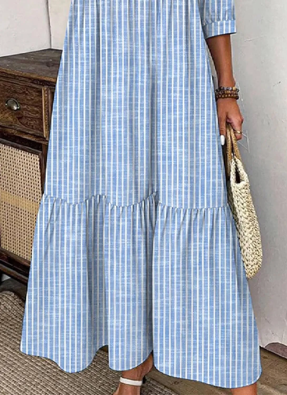 Women's Blue and White Striped Shirt Style Maxi Dress 2025 Summer Fashion Breezy Print 3/4 Sleeve Long Dress