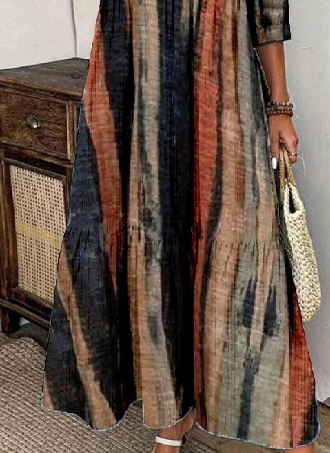 Women's Blue and White Striped Shirt Style Maxi Dress 2025 Summer Fashion Breezy Print 3/4 Sleeve Long Dress
