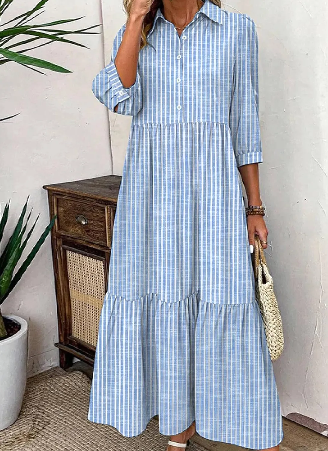 Women's Blue and White Striped Shirt Style Maxi Dress 2025 Summer Fashion Breezy Print 3/4 Sleeve Long Dress