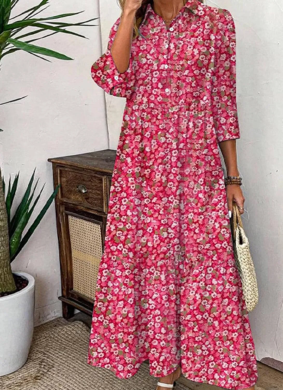 Women's Blue and White Striped Shirt Style Maxi Dress 2025 Summer Fashion Breezy Print 3/4 Sleeve Long Dress