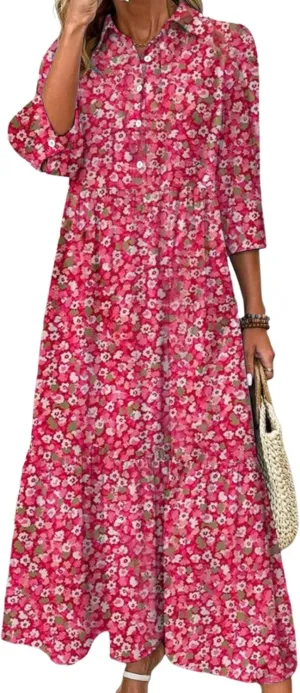 Women's Blue and White Striped Shirt Style Maxi Dress 2025 Summer Fashion Breezy Print 3/4 Sleeve Long Dress