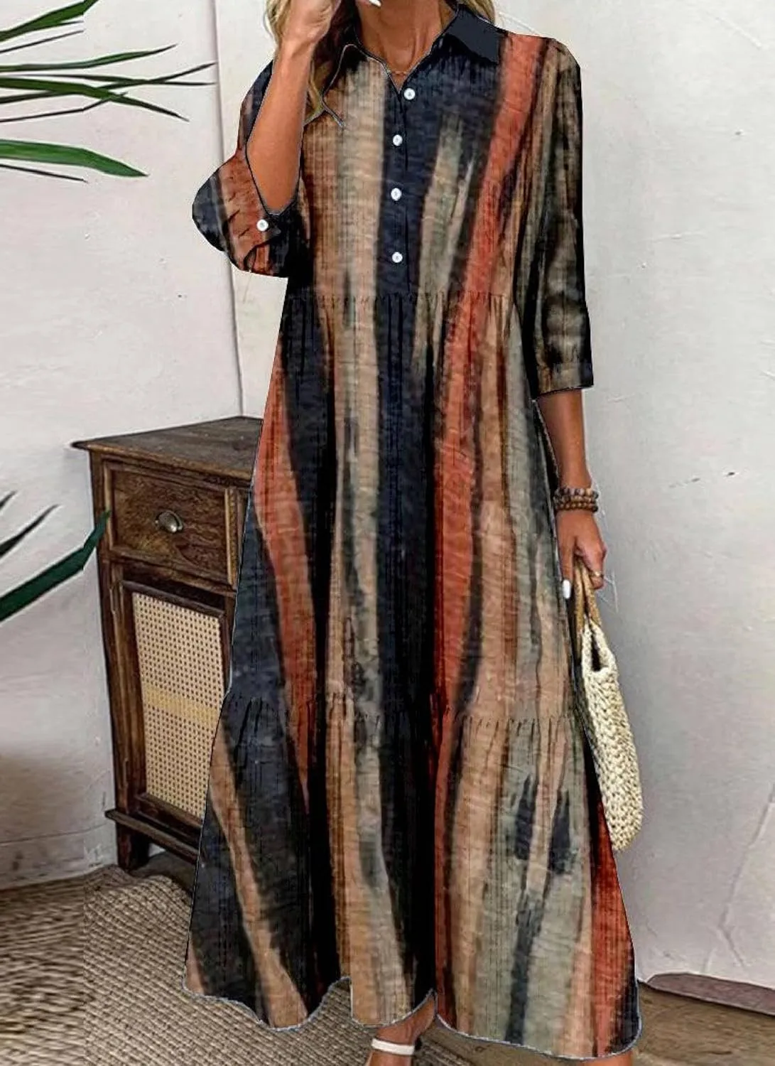 Women's Blue and White Striped Shirt Style Maxi Dress 2025 Summer Fashion Breezy Print 3/4 Sleeve Long Dress