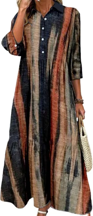 Women's Blue and White Striped Shirt Style Maxi Dress 2025 Summer Fashion Breezy Print 3/4 Sleeve Long Dress