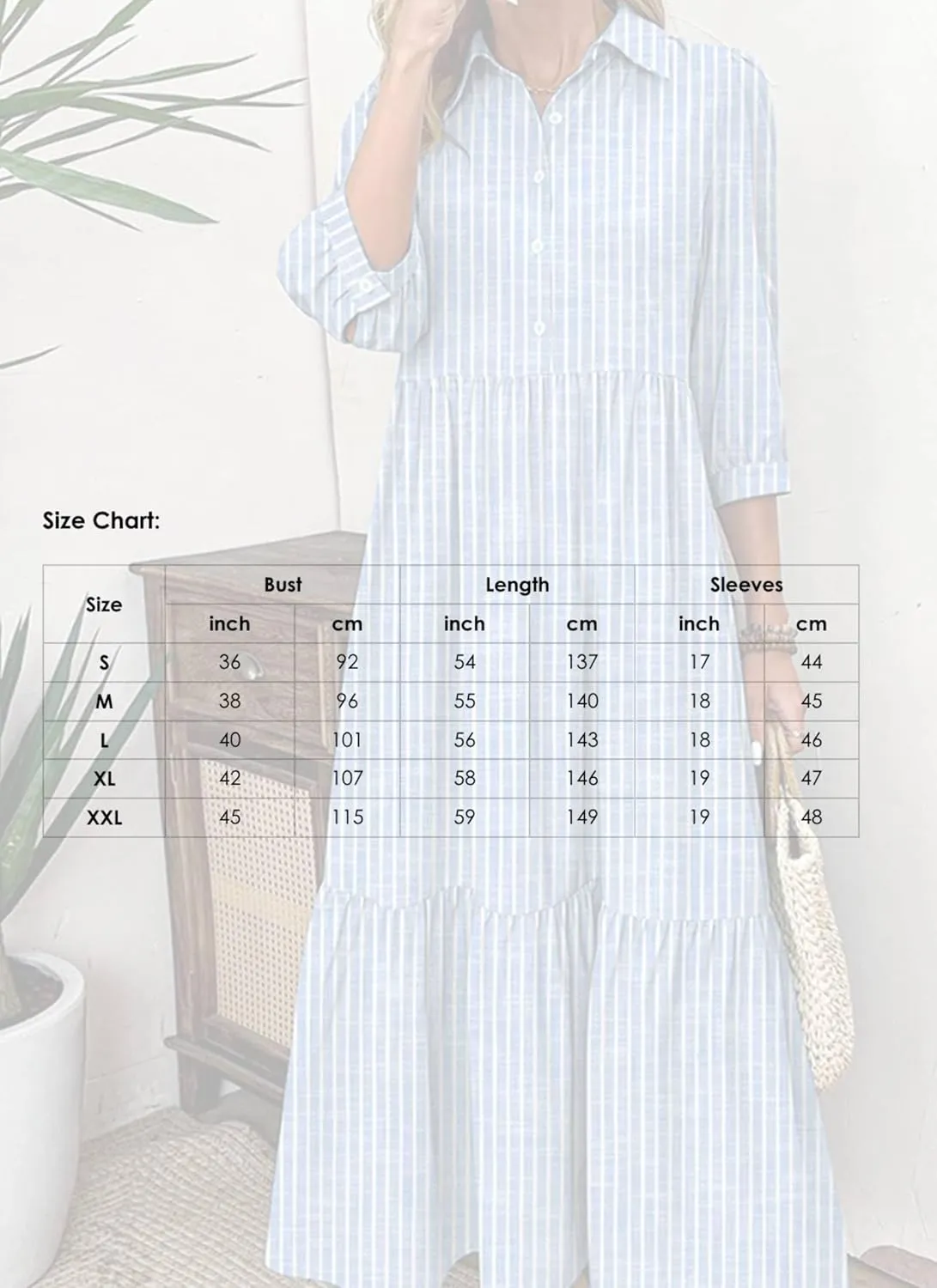 Women's Blue and White Striped Shirt Style Maxi Dress 2025 Summer Fashion Breezy Print 3/4 Sleeve Long Dress