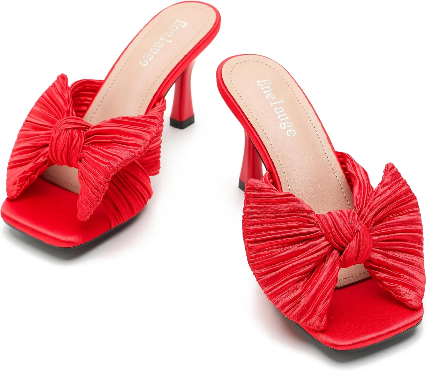 Women's Bow Knot Heeled Sandals Open Toe Low Kitten Heels Mules Sandals Slip On Pleated Wedding Bridal Party Dress Shoes