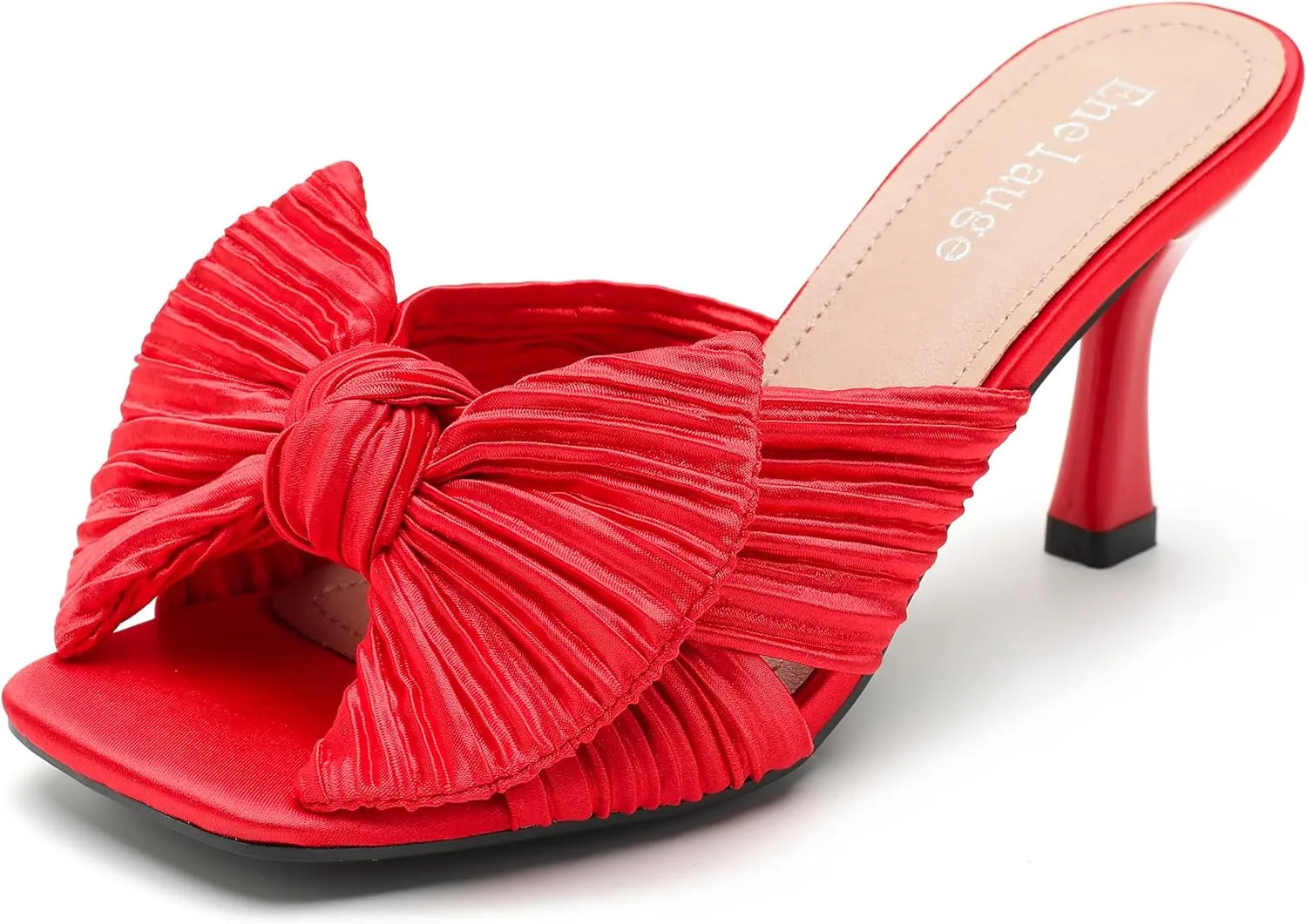 Women's Bow Knot Heeled Sandals Open Toe Low Kitten Heels Mules Sandals Slip On Pleated Wedding Bridal Party Dress Shoes